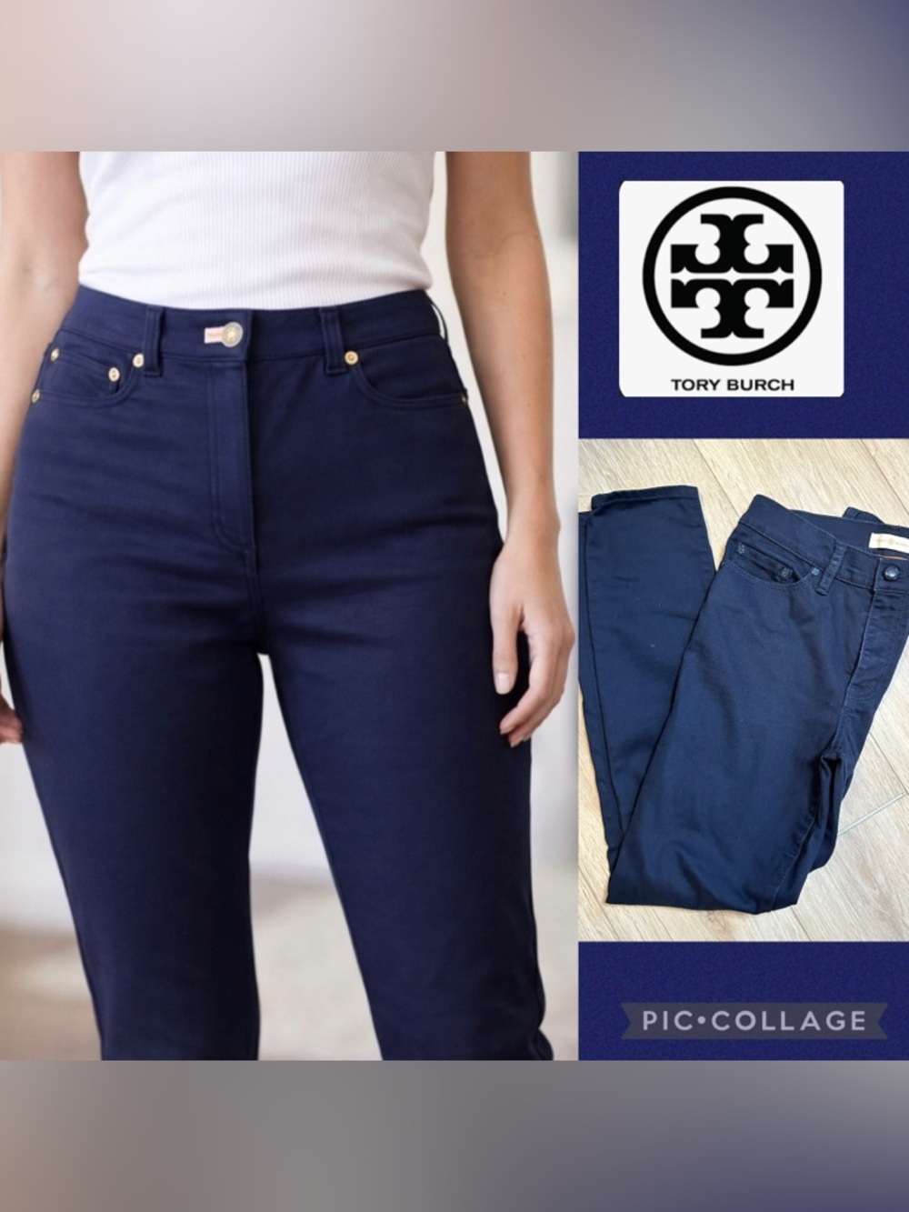 Tory Burch Navy High-Rise Slim Jeans *black button *